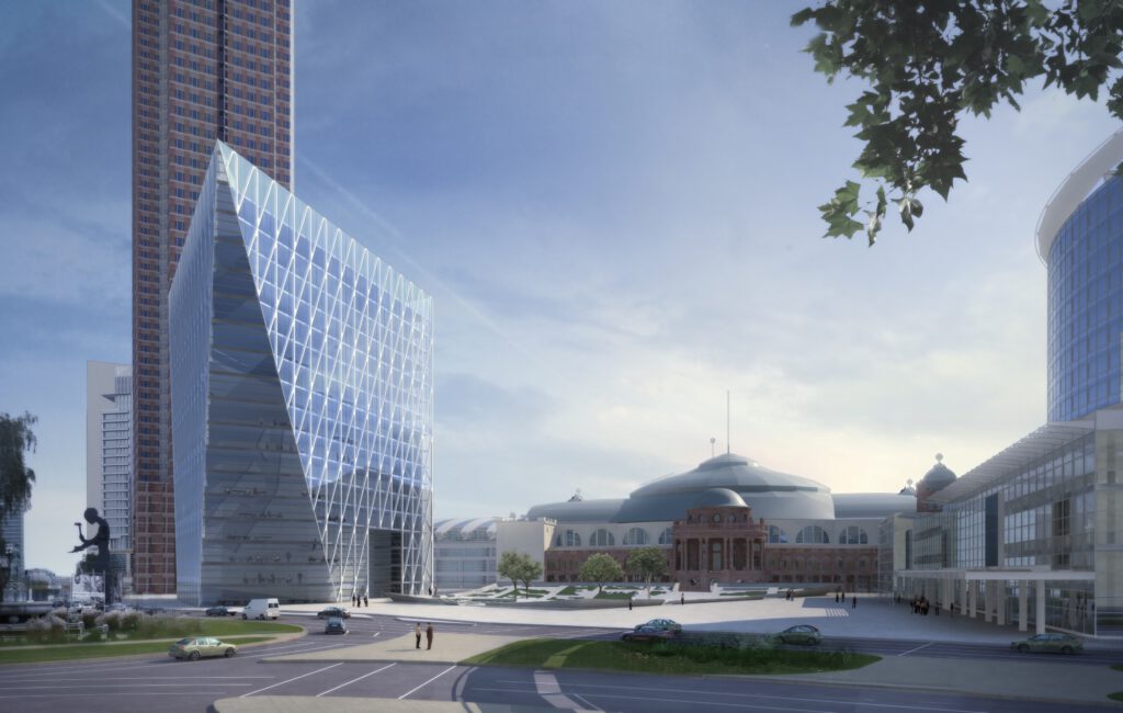 
1st place for design RMP Stephan Lenzen Landscape Architects (Bonn) and TEK TO NIK Architects, 2007, Frankfurt Trade Fair Forecourt. Rendering with high-rise building.
