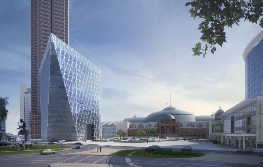 Visualisierung des mit dem 1. Platz prmierten Entwurfs von RMP LENZEN und TEK TO NIK Architekten für Messevorplatz Frankfurt